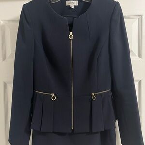 Tahari Navy Peplum Skirt Suit Featuring Gold Accents